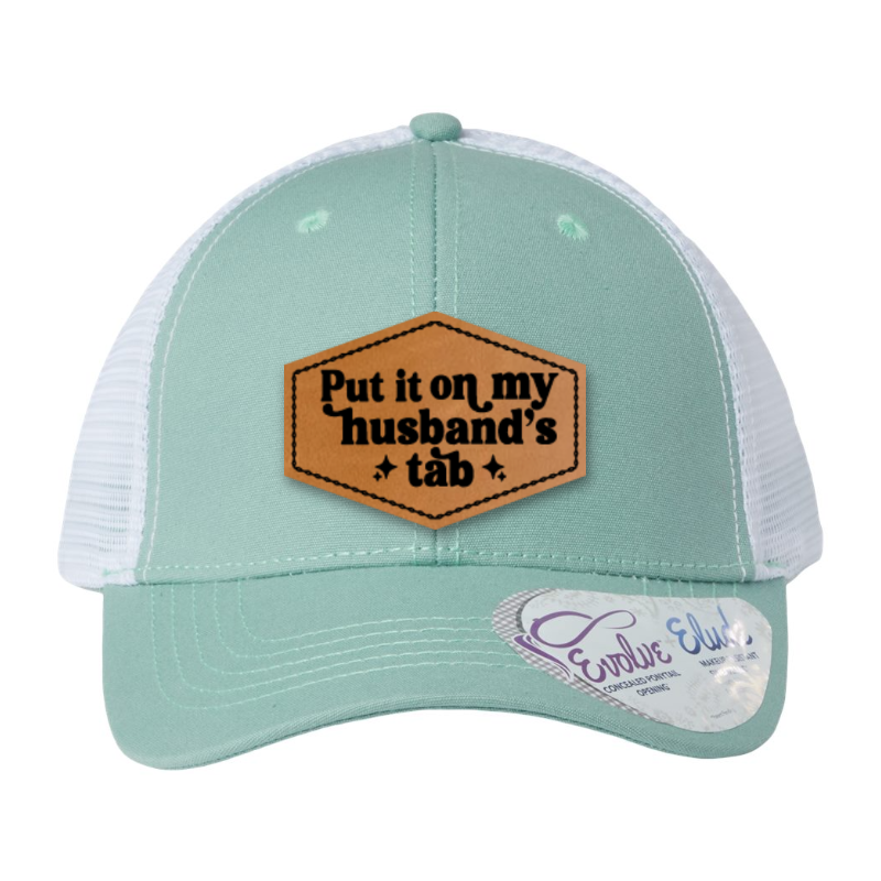 Put It On My Husband’s Tab Hat | Funny Women’s Leopard Print Patch Hat | Leatherette Patch Baseball Cap