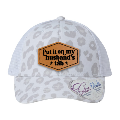 Put It On My Husband’s Tab Hat | Funny Women’s Leopard Print Patch Hat | Leatherette Patch Baseball Cap