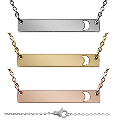 Bar necklaces with a crescent moon cut-out in silver, gold and rose gold