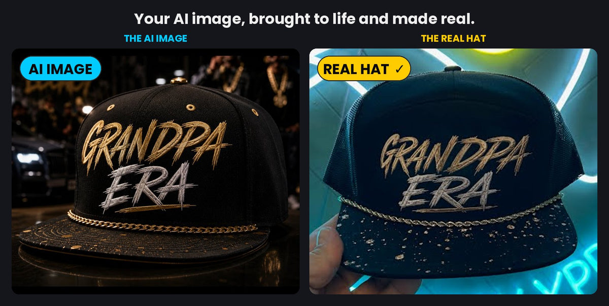 Side-by-side: the ChatGPT image of the GRANDPA ERA hat, labeled AI IMAGE, beside the real finished hat, labeled REAL HAT — black cap, raised gold GRANDPA and silver ERA lettering, a gold chain across the front and a gold-splattered brim