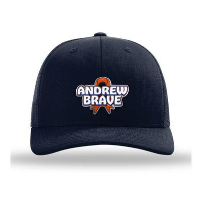 Andrew Brave navy Richardson 112 trucker hat, front, ANDREW BRAVE patch with orange ribbon
