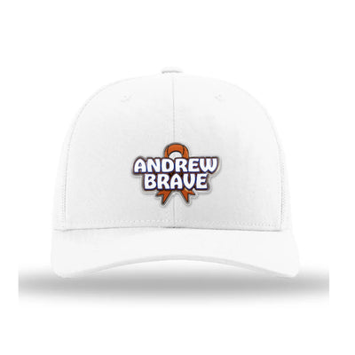 Andrew Brave white Richardson 112 trucker hat, front, ANDREW BRAVE patch with orange ribbon