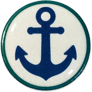 Anchor hat button side patch: an anchor on a white domed button. Lake & Outdoors collection.