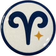Aries hat button side patch: an Aries zodiac glyph on a white domed button. Zodiac collection.