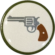 Revolver hat button side patch: a revolver on a white domed button. Guns & Hunt collection.