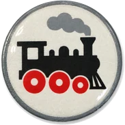 Steam locomotive hat button side patch: a steam locomotive on a white domed button. Trains & Wheels collection.