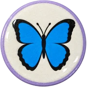 Blue morpho hat button side patch: a blue morpho butterfly on a white domed button. Butterflies collection.