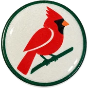 Cardinal hat button side patch: a cardinal on a white domed button. Field Guide Animals collection.