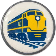 Diesel engine hat button side patch: a diesel engine on a white domed button. Trains & Wheels collection.