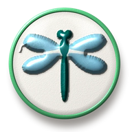Dragonfly hat button side patch: a dragonfly on a white domed button. Insects & Bugs collection.