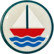 Sailboat hat button side patch: a sailboat on a white domed button. Lake & Outdoors collection.