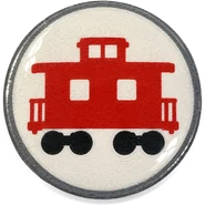 Caboose hat button side patch: a caboose on a white domed button. Trains & Wheels collection.