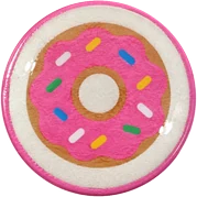 Donut hat button side patch: a donut on a white domed button. Candy & Sweets collection.