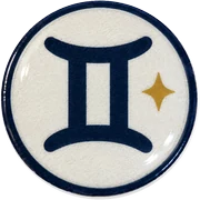Gemini hat button side patch: a Gemini zodiac glyph on a white domed button. Zodiac collection.