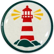 Lighthouse hat button side patch: a lighthouse on a white domed button. Lake & Outdoors collection.