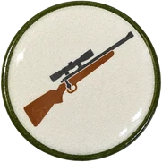 Rifle hat button side patch: a rifle on a white domed button. Guns & Hunt collection.
