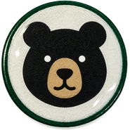 Black bear hat button side patch: a black bear on a white domed button. Field Guide Animals collection.