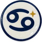 Cancer hat button side patch: a Cancer zodiac glyph on a white domed button. Zodiac collection.