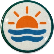 Sunset hat button side patch: a sunset on a white domed button. Lake & Outdoors collection.
