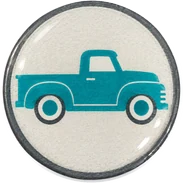 Vintage pickup hat button side patch: a vintage pickup on a white domed button. Trains & Wheels collection.