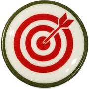 Bullseye target hat button side patch: a bullseye target on a white domed button. Guns & Hunt collection.