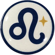 Leo hat button side patch: a Leo zodiac glyph on a white domed button. Zodiac collection.