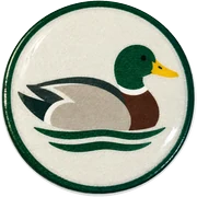 Mallard hat button side patch: a mallard on a white domed button. Field Guide Animals collection.