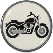 Motorcycle hat button side patch: a motorcycle on a white domed button. Trains & Wheels collection.