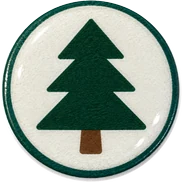 Pine tree hat button side patch: a pine tree on a white domed button. Lake & Outdoors collection.