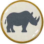 Rhino hat button side patch: a rhino on a white domed button. African Safari collection.