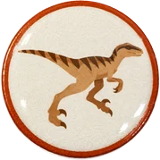 Velociraptor hat button side patch: a velociraptor on a white domed button. Dinosaurs collection.