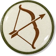 Bow & arrow hat button side patch: a bow & arrow on a white domed button. Guns & Hunt collection.