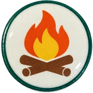 Campfire hat button side patch: a campfire on a white domed button. Lake & Outdoors collection.