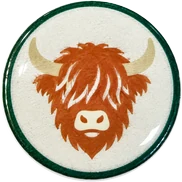 Highland cow hat button side patch: a highland cow on a white domed button. Field Guide Animals collection.
