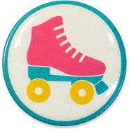 Roller skate hat button side patch: a roller skate on a white domed button. Western & Retro collection.