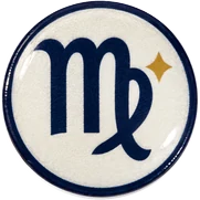 Virgo hat button side patch: a Virgo zodiac glyph on a white domed button. Zodiac collection.