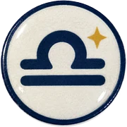 Libra hat button side patch: a Libra zodiac glyph on a white domed button. Zodiac collection.