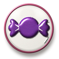 Wrapped candy hat button side patch: a wrapped candy on a white domed button. Candy & Sweets collection.