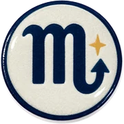 Scorpio hat button side patch: a Scorpio zodiac glyph on a white domed button. Zodiac collection.