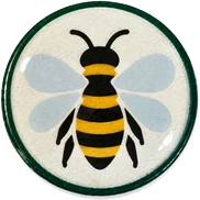 Honeybee hat button side patch: a honeybee on a white domed button. Field Guide Animals collection.