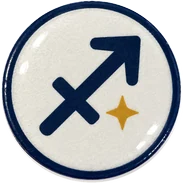 Sagittarius hat button side patch: a Sagittarius zodiac glyph on a white domed button. Zodiac collection.
