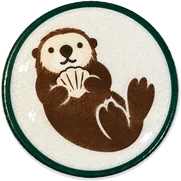 Sea otter hat button side patch: a sea otter on a white domed button. Field Guide Animals collection.