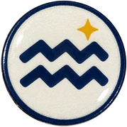 Aquarius hat button side patch: an Aquarius zodiac glyph on a white domed button. Zodiac collection.