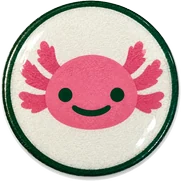 Axolotl hat button side patch: an axolotl on a white domed button. Field Guide Animals collection.