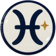 Pisces hat button side patch: a Pisces zodiac glyph on a white domed button. Zodiac collection.