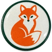 Red fox hat button side patch: a red fox on a white domed button. Field Guide Animals collection.