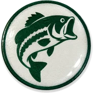 Bass hat button side patch: a bass on a white domed button. Field Guide Animals collection.