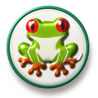 Tree frog hat button side patch: a tree frog on a white domed button. Field Guide Animals collection.