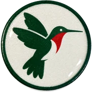 Hummingbird hat button side patch: a hummingbird on a white domed button. Field Guide Animals collection.