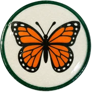 Monarch hat button side patch: a monarch on a white domed button. Field Guide Animals collection.